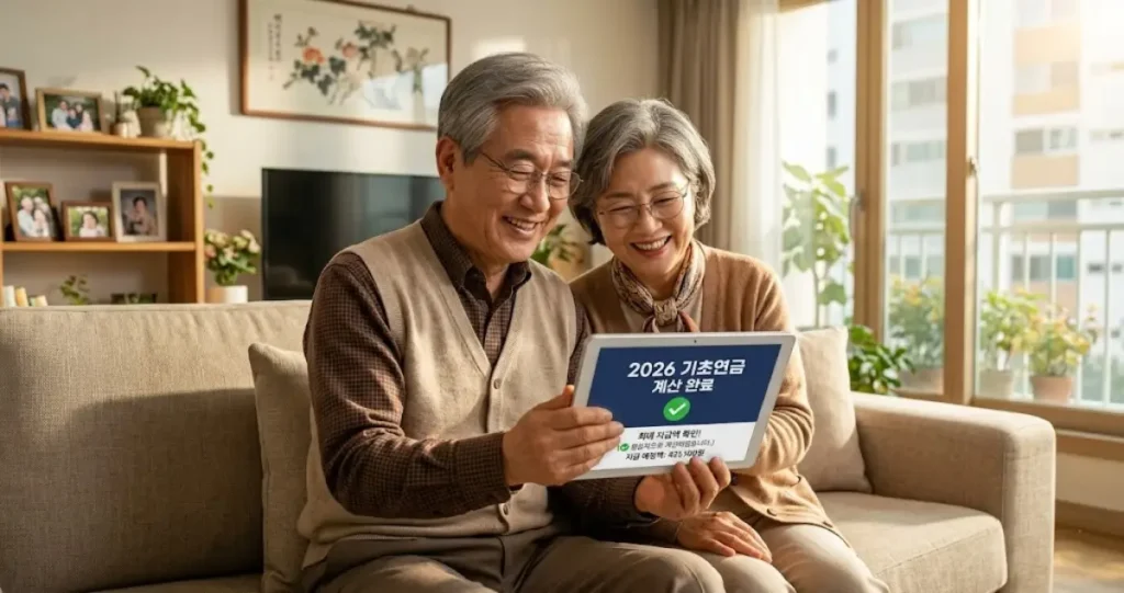 2026 기초연금 모의계산기로 예상 수령액 확인하는 행복한 어르신 부부
