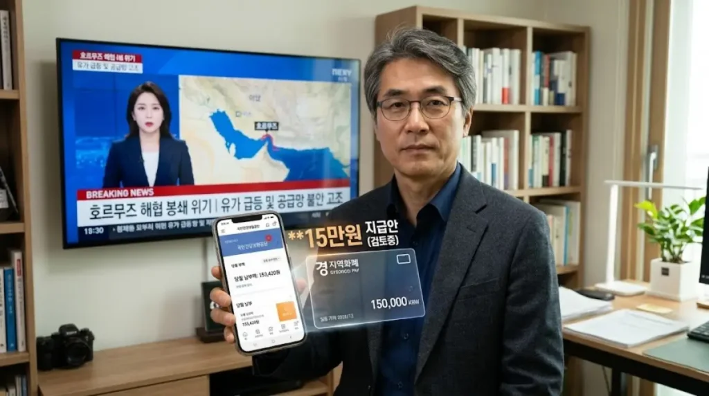 2026 민생지원금 15만원 수급 자격을 확인하기 위해 호르무즈 해협 봉쇄 위기 뉴스 화면 앞에서 건보료 앱을 켜둔 주인공