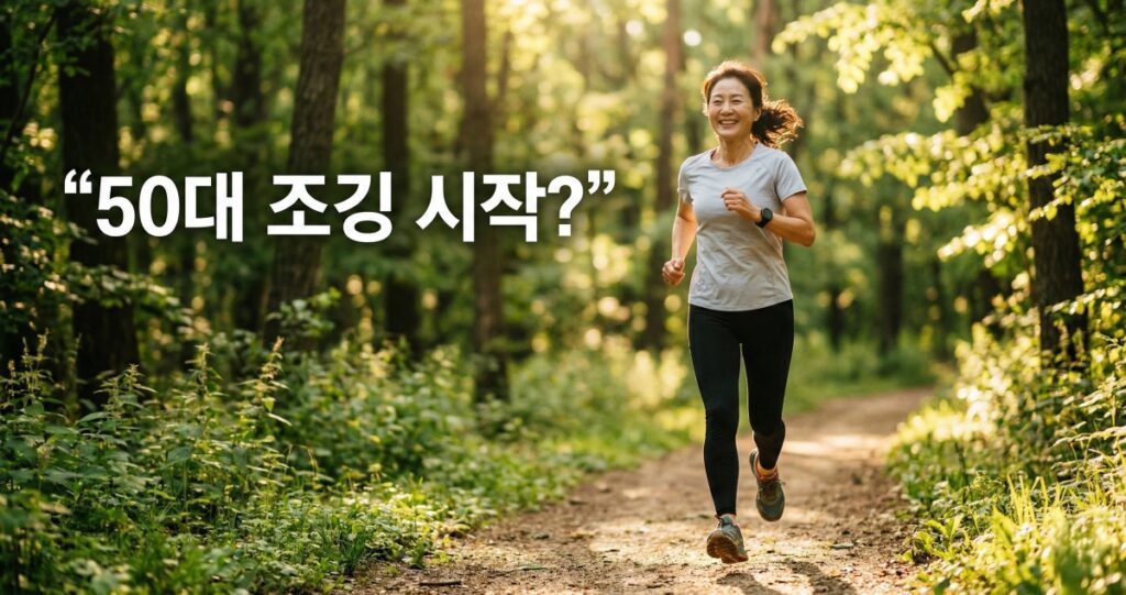 아침 공원에서 50대 여성이 가볍게 슬로우조깅 효과를 누리며 달리는 평화로운 모습의 블로그 썸네일 이미지