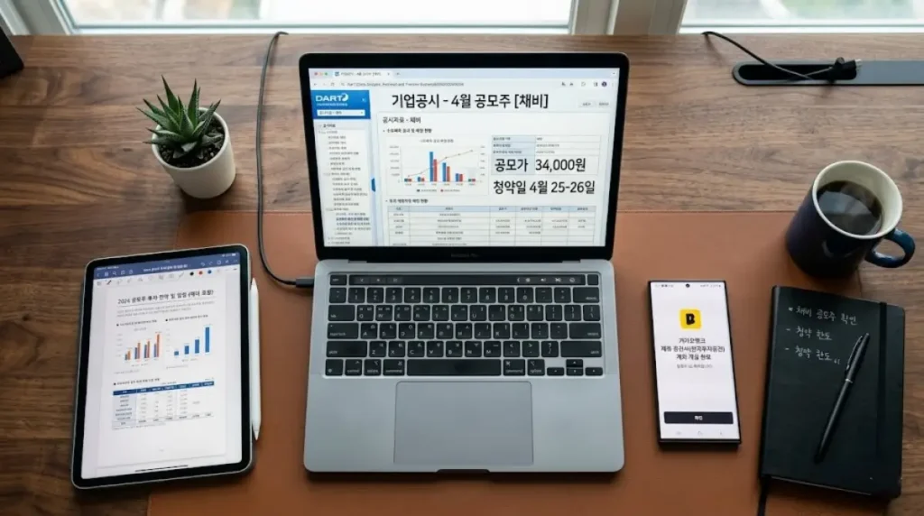 2026.3.23 DART 기준 2026년 4월 대어 공모주인 채비 청약을 위해 20일 계좌 제한을 카카오뱅크로 우회하여 세팅을 완료한 책상 모습