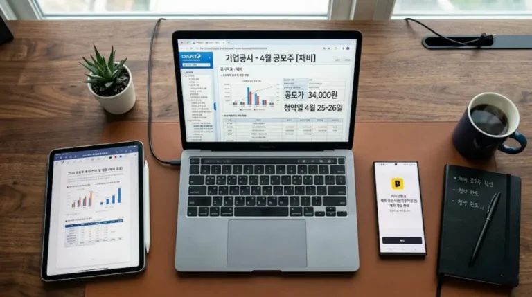 2026.3.23 DART 기준 2026년 4월 대어 공모주인 채비 청약을 위해 20일 계좌 제한을 카카오뱅크로 우회하여 세팅을 완료한 책상 모습