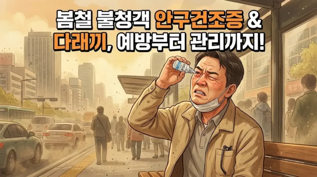 안구건조증과 다래끼 예방을 위해 무방부제 인공눈물을 넣는 모습