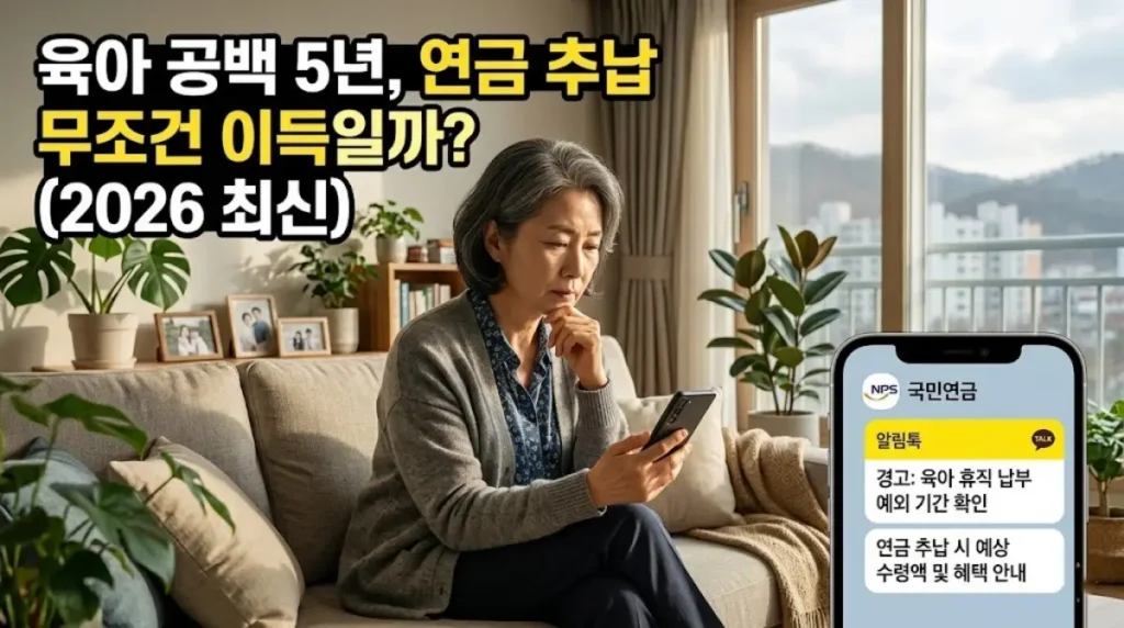 거실에서 스마트폰으로 국민연금 알림톡을 확인하며 추납을 고민하는 모습