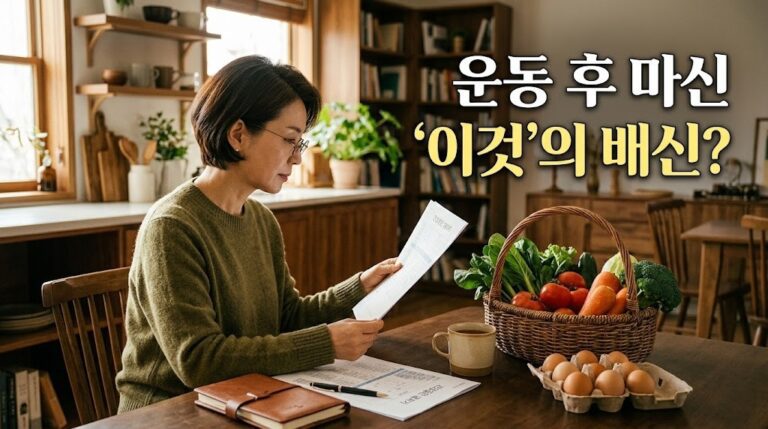 단백질 보충제 부작용과 간 건강의 상관관계를 고민하며 건강검진 결과지를 확인하는 50대 여성의 모습