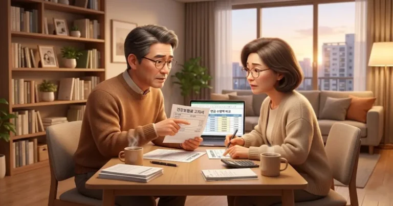 50대 부부가 거실에서 4억 원대 자가 주택과 전세 거주 시의 지역가입자 건강보험료 차이를 진지하게 비교하는 모습