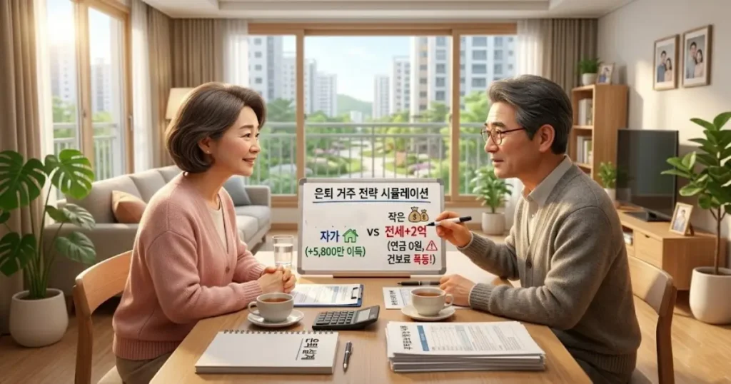 남양주 진접지구 34평 아파트 거실에서 은퇴 부부가 화이트보드에 '4억 자가'와 '2억 전세+2억 예금'의 10년 치 노후 가계부 시뮬레이션을 진지하게 비교하는 모습