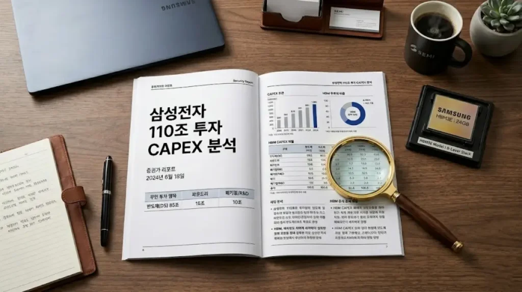 2026년 삼성전자 110조 반도체 투자 수혜주를 찾기 위해 HBM 칩과 소부장 기업 분석 리포트를 돋보기로 살피는 전문 투자자의 책상