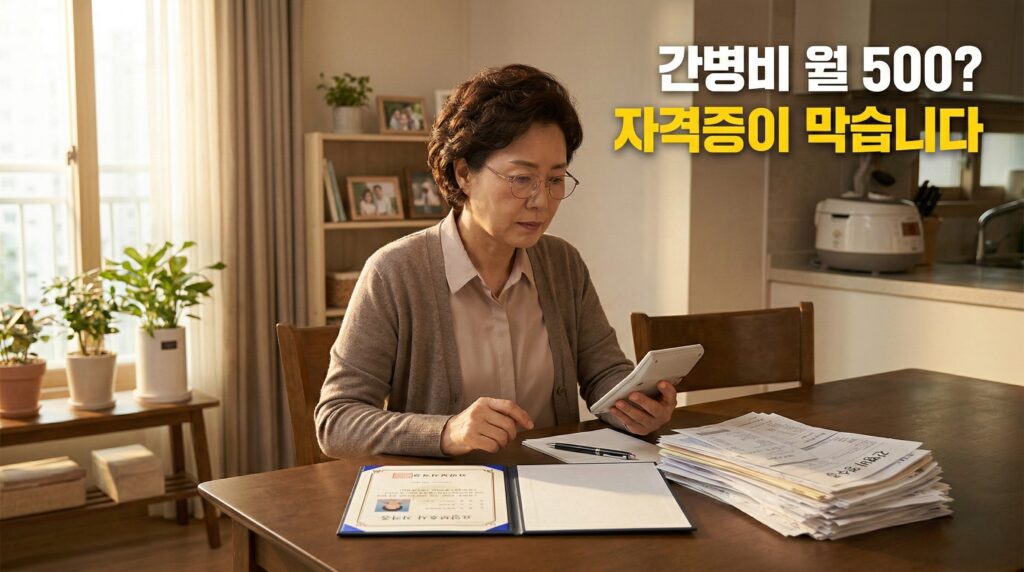 요양보호사 자격증으로 간병비 파산을 방어하려는 50대 여성의 결연한 모습