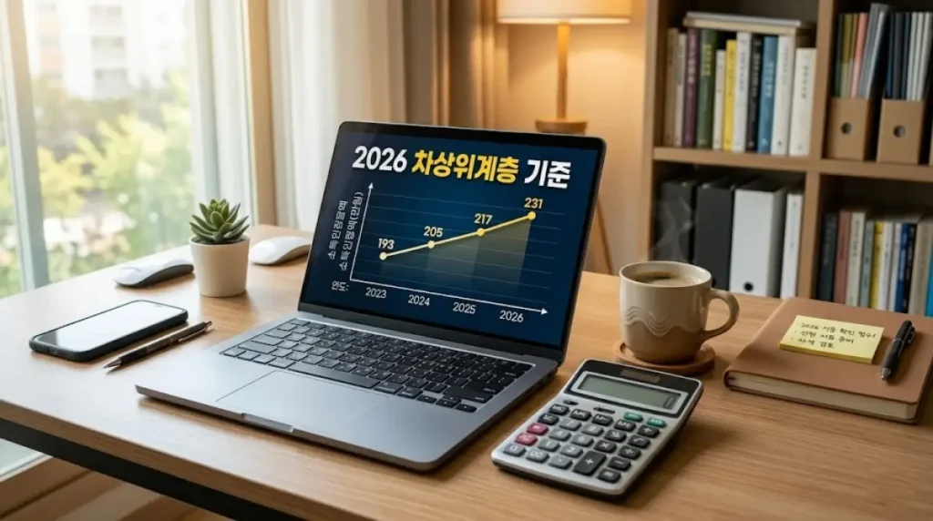 2026년 인상된 중위소득 50% 기준에 따른 차상위계층 자격 조건과 소득인정액 계산 방법을 설명하는 가이드 썸네일