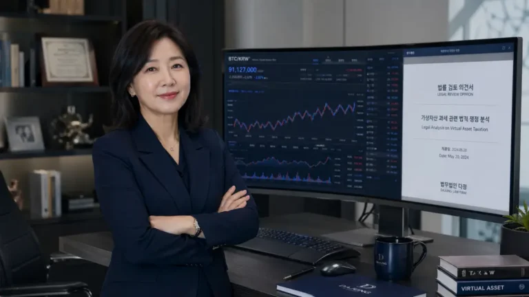 2027 가상자산 과세 정책을 분석하며 절세 전략을 수립하는 프리노마 운영자의 신뢰감 있는 모습